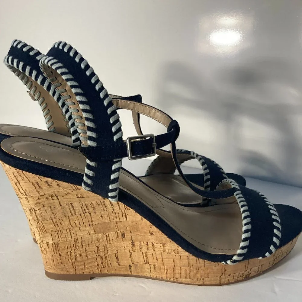 Charles David SZ 9.5 Denim Blue Suede Ankle T-Strap Cork Wedges